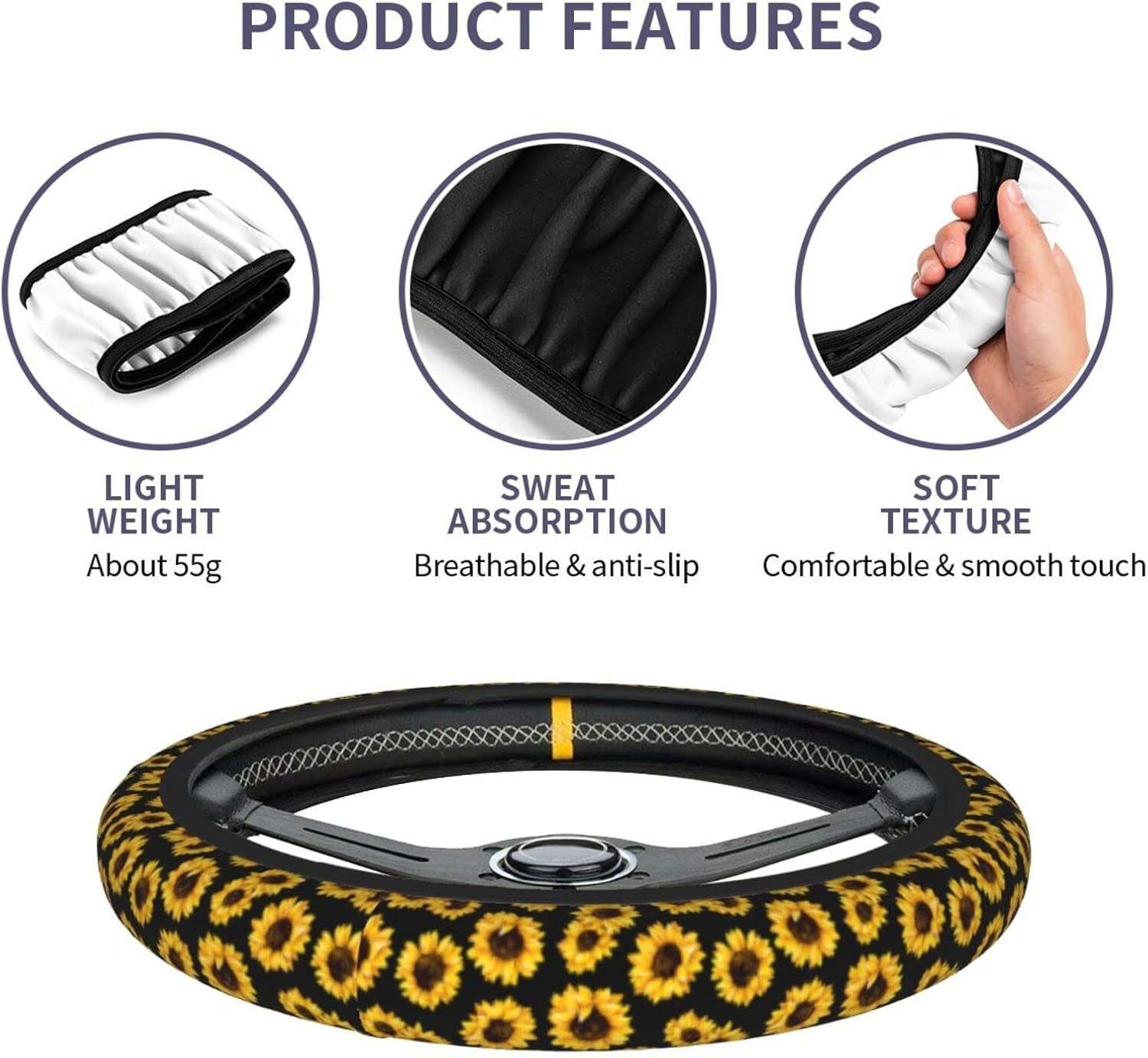 Sunflower Steering Wheel Cover 15 Inch Universal Neoprene Steering Wheel Covers for Women Men Car Steering Wheel Wrap Car Interior Protection Accessories anti Slip Fit Cars Truck Suvs